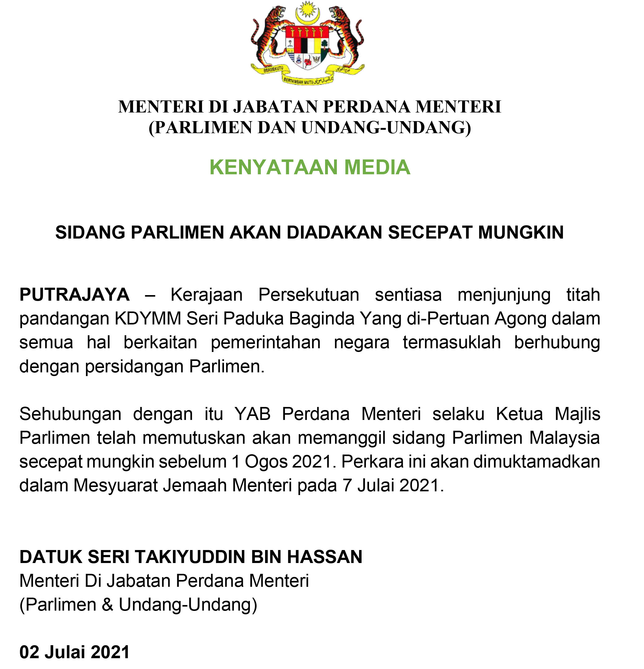 KENYATAAN MEDIA PERSIDANGAN PARLIMEN [SEBELUM 1 OGOS]